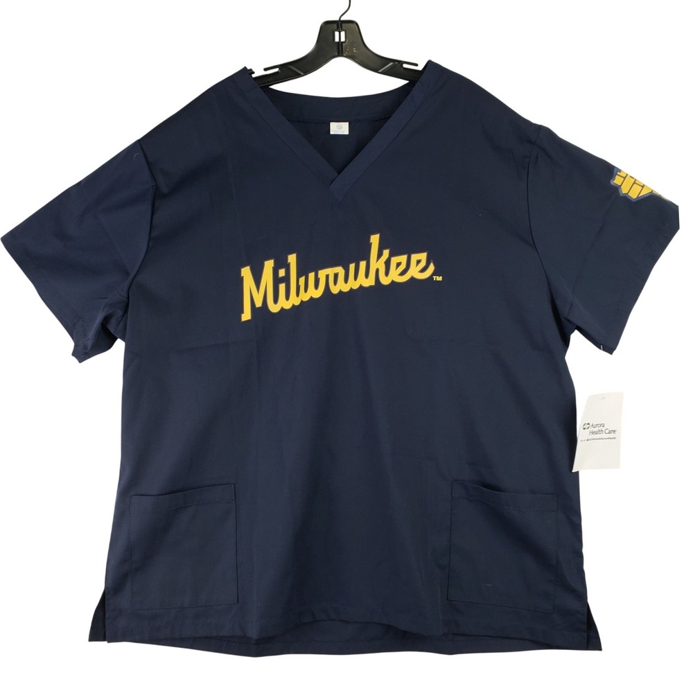 Milwaukee Brewers Scrub Top Mens 2XL Navy Blue MLB Sports Wisconsin Fan